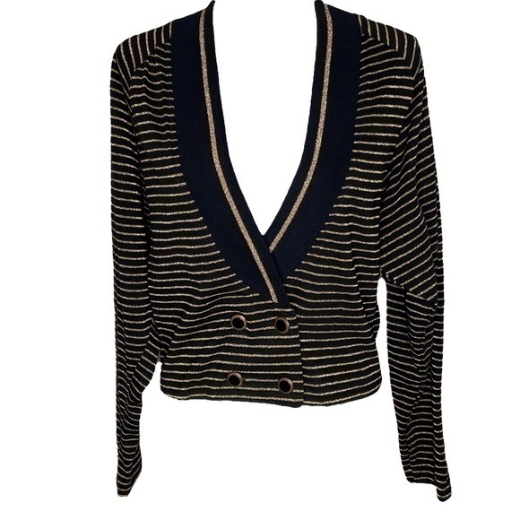 Judy Knapp Sweaters - Judy Knapp Crop Cardigan Sweater Black and Metallic Gold Knit Stripe Vintage
